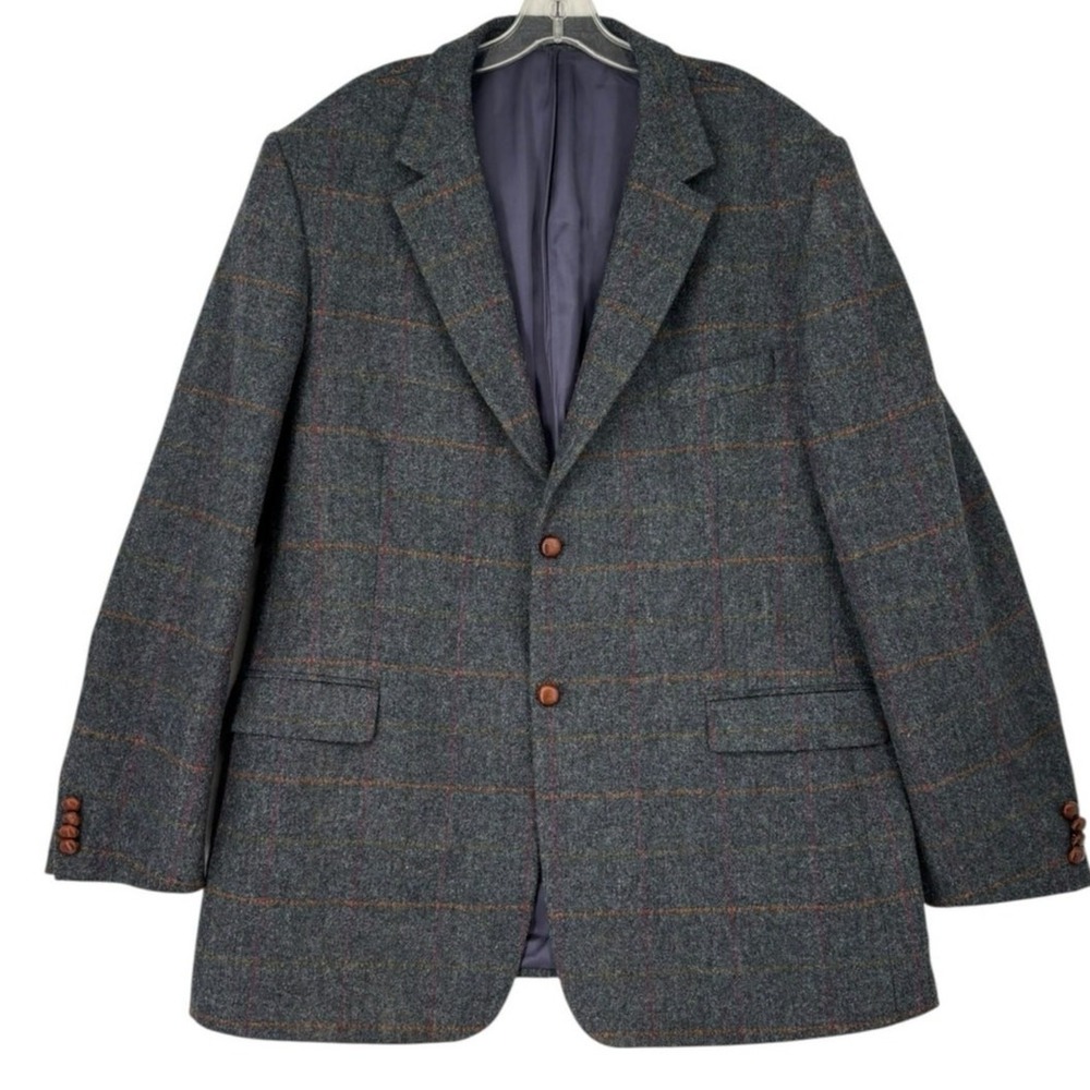John Hanly & Co Ireland Sport Coat Mens 48 Grey‎ Wool Windowpane Tweed Blazer XL